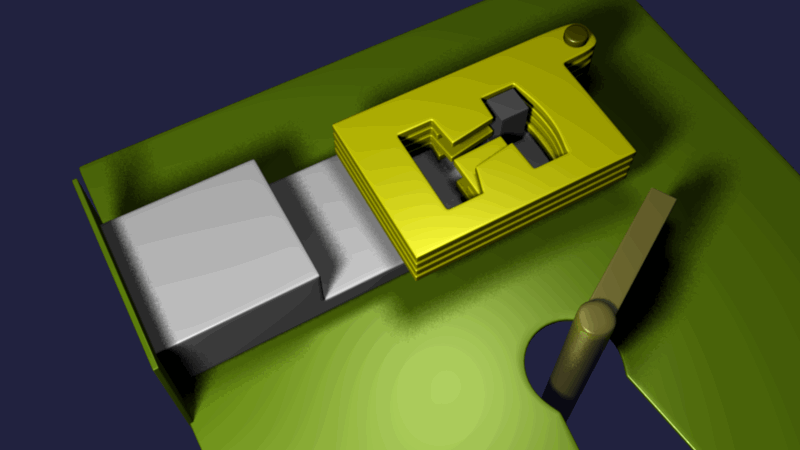 Animated lever-tumbler lock showing the key lifting levers to free the bolt.