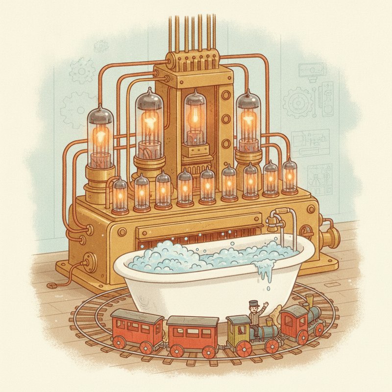A room-size computer, a railway round a tub — the stored-program design, pegs tub (19) and railway (45) for 1945.