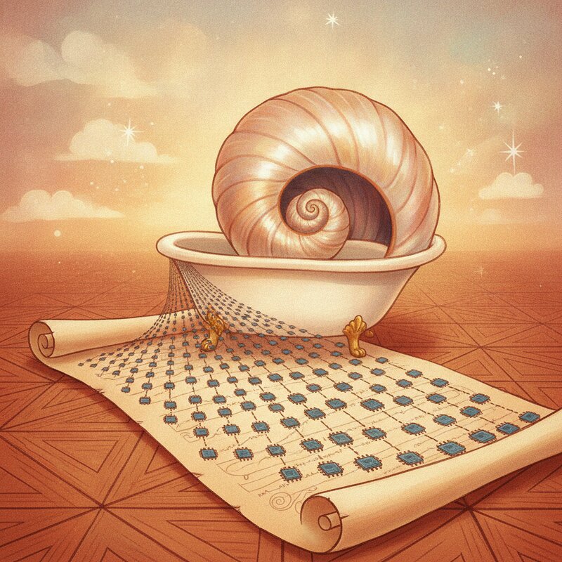 Chips multiplying, a bath tub inside a giant sea shell — Moore's Law, pegs tub (19) and shell (65) for 1965.