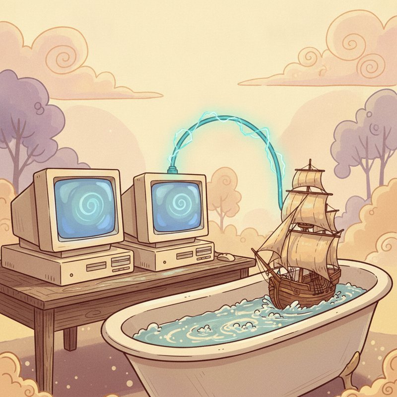 Two computers linked by a cable, a ship in a tub — ARPANET's first message, pegs tub (19) and ship (69) for 1969.