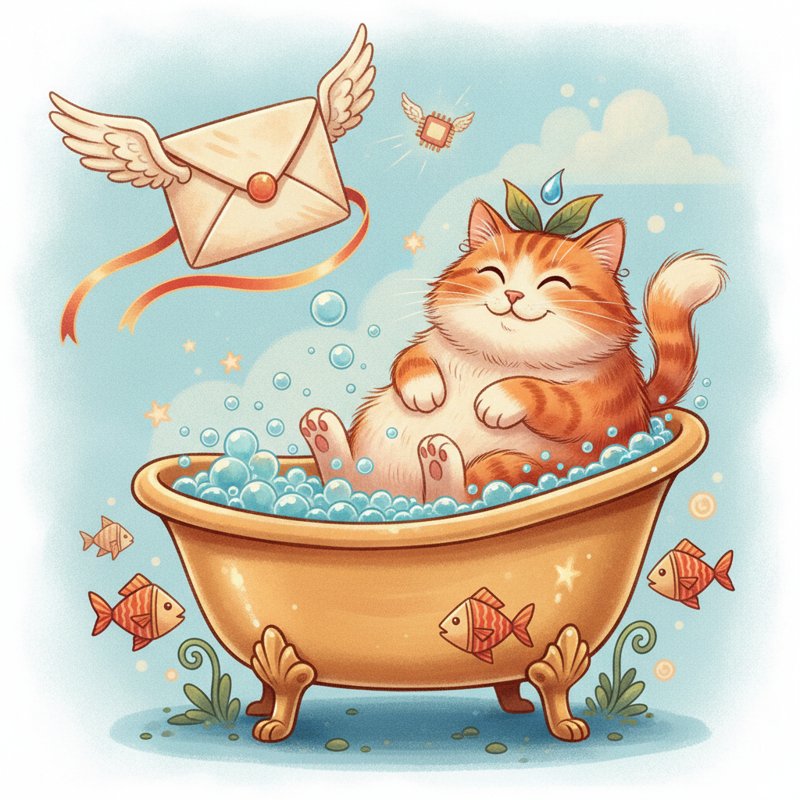 An email envelope and a microchip, a cat in a tub — email and the first microprocessor, pegs tub (19) and cat (71) for 1971.