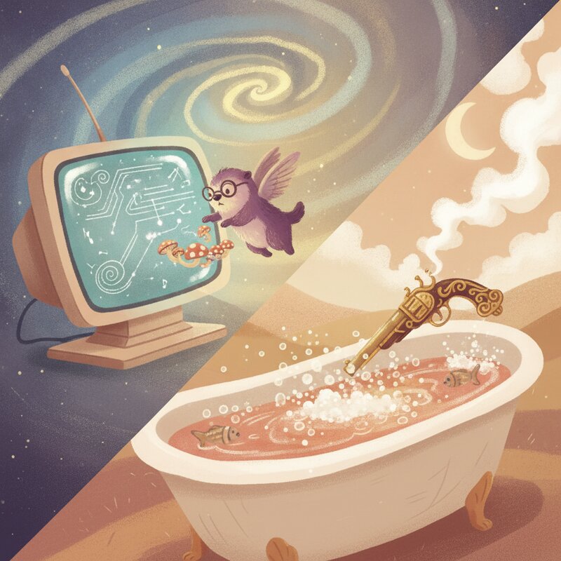 Code on a screen, a smoking gun in a tub — the C language, pegs tub (19) and gun (72) for 1972.