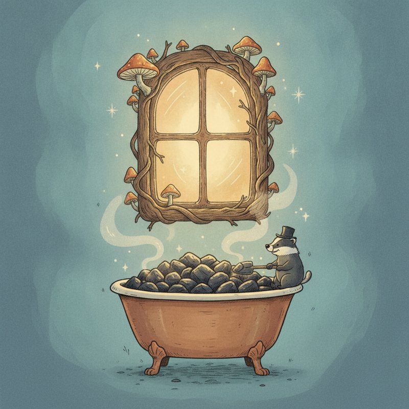 A glowing four-pane window, a tub of coal — Microsoft, pegs tub (19) and coal (75) for 1975.