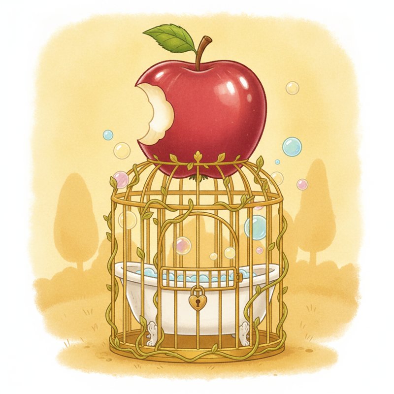 A bitten apple, a tub in a cage — Apple, pegs tub (19) and cage (76) for 1976.