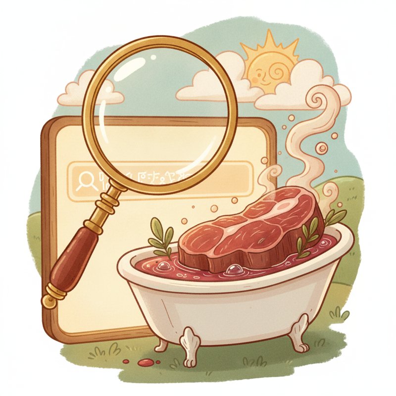 A magnifying glass on a search box, beef in a tub — Google, pegs tub (19) and beef (98) for 1998.