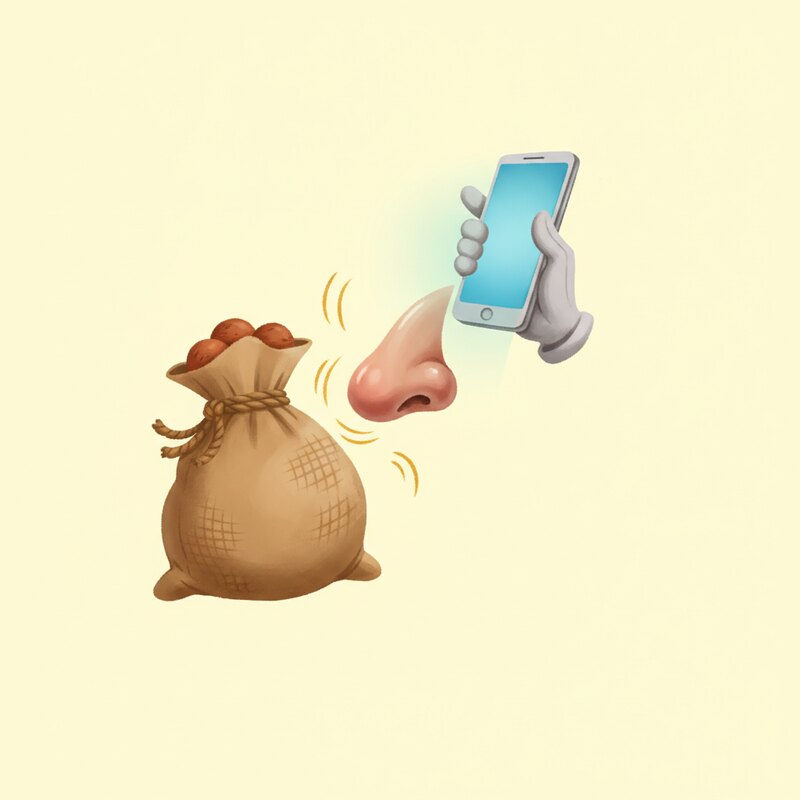 A smartphone and a nose sniffing a burlap sack — the iPhone, pegs nose (20) and sack (07) for 2007.
