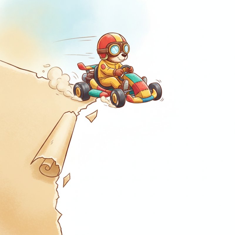 A racer skidding off a missing page — HTTP 404 Not Found, peg racer (r·s·r) for 404.