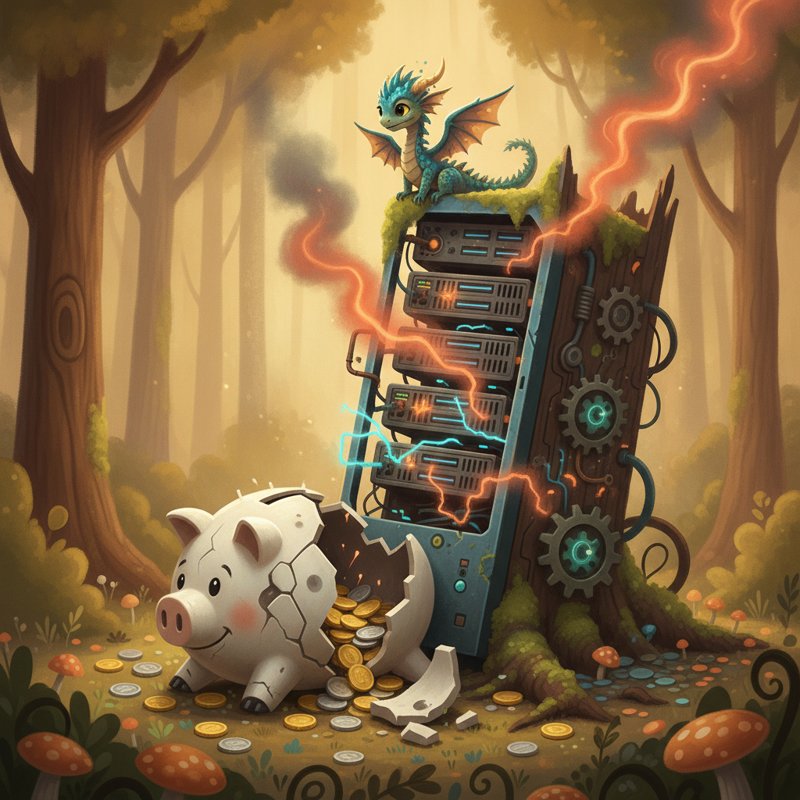 A crashed server and a broken piggy bank — HTTP 500 error, peg losses (l·s·s) for 500.