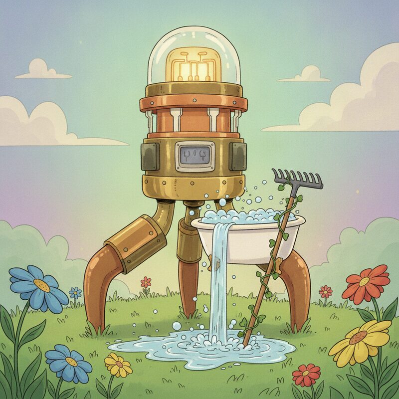 A giant three-legged transistor with a rake in a bathtub — the pegs tub (19) and rake (47) encode 1947.