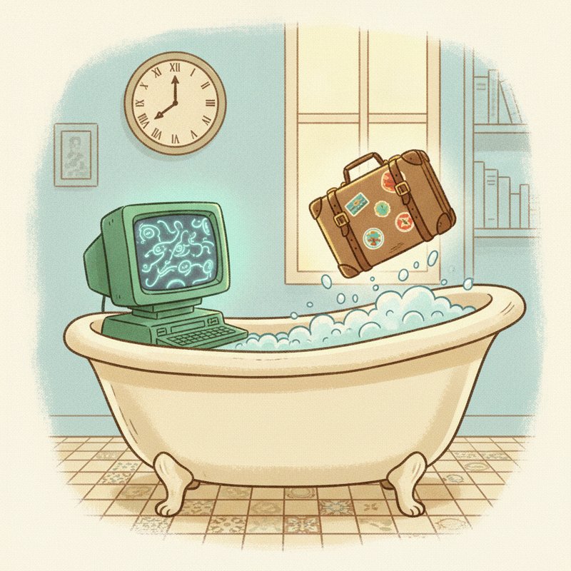 A vintage terminal and a suitcase floating from a bathtub, a clock at midnight — the pegs tub (19) and case (70) encode 1970.