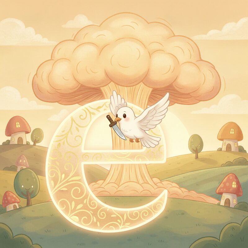 Panel 1 — the letter e, a mushroom-cloud nuke, and a dove holding a knife. Pegs nuke (27), dove (18), knife (28).