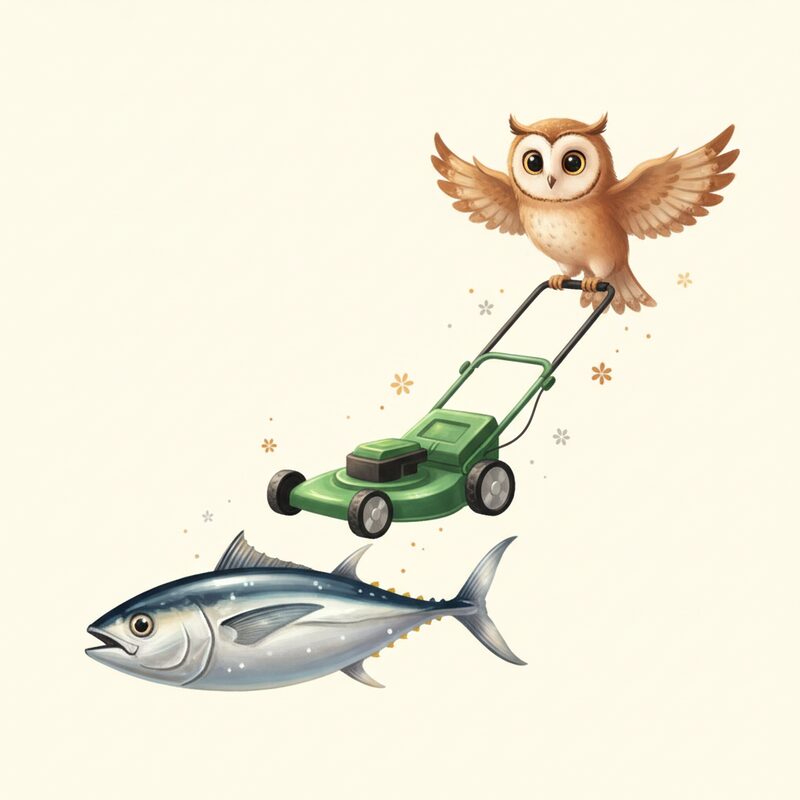 A tuna fish, a lawn mower and an owl lined up in a row — the pegs tuna (12), mower (34) and owl (5) for 12345.