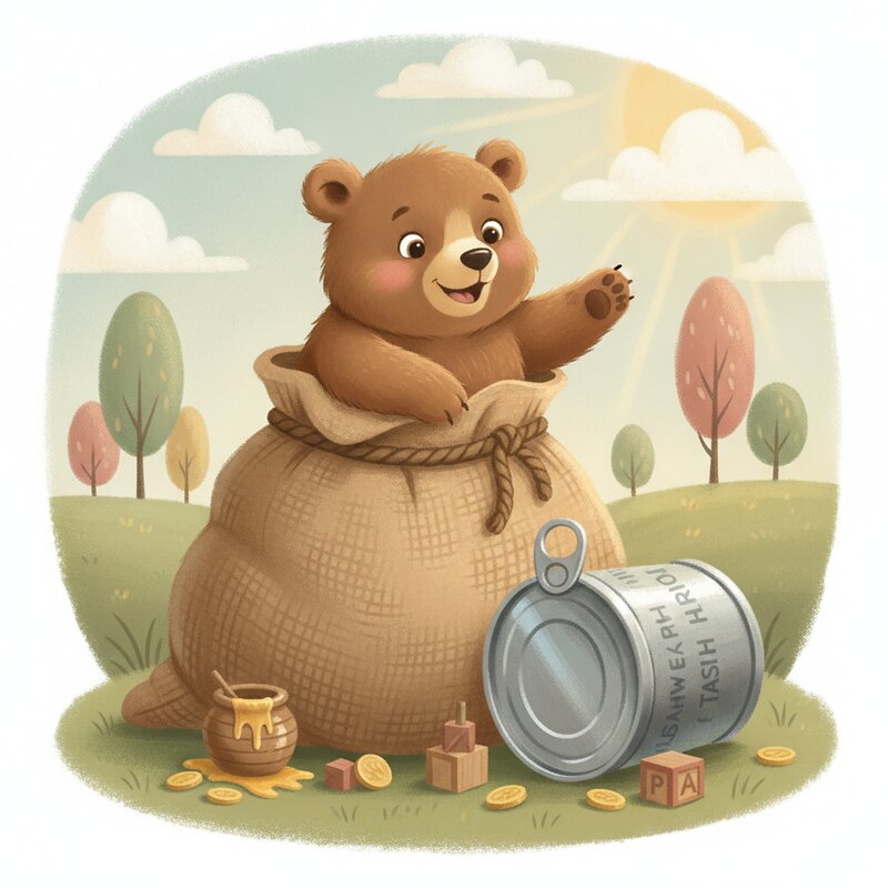 Panel 1 — a burlap sack bursting open as a bear climbs out beside a tuna. Pegs sack (07), bear (94), tuna (12).