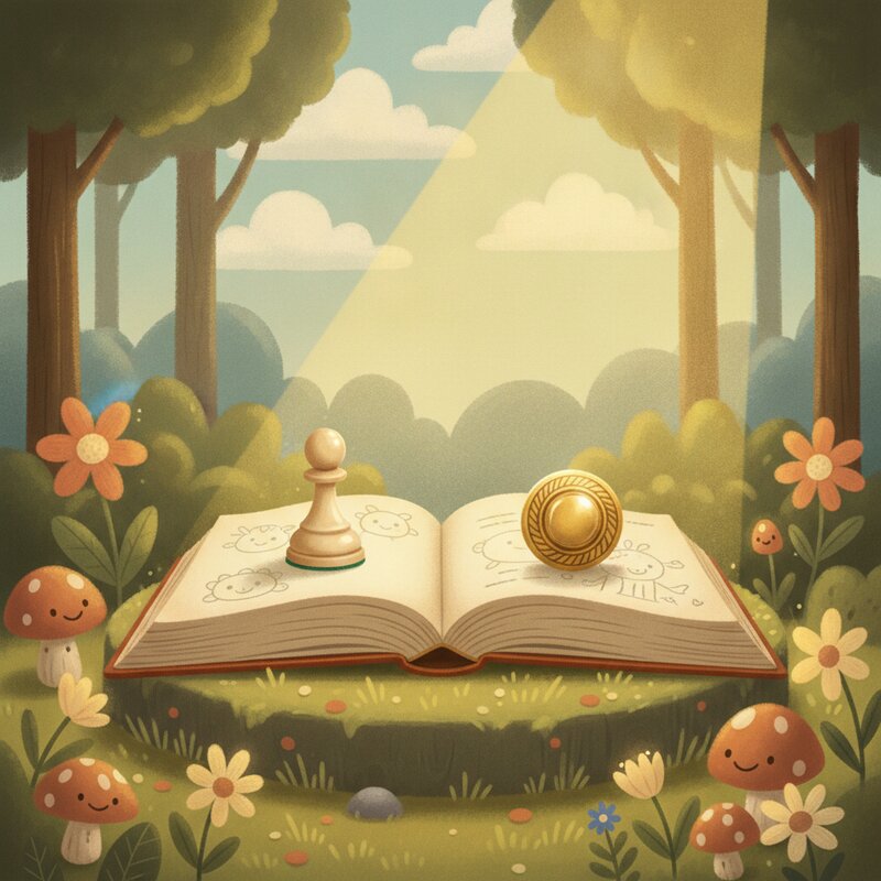 Panel 1 — a beam of light, a brass door knob on a book, and a chess pawn. Pegs knob (29), book (97), pawn (92).