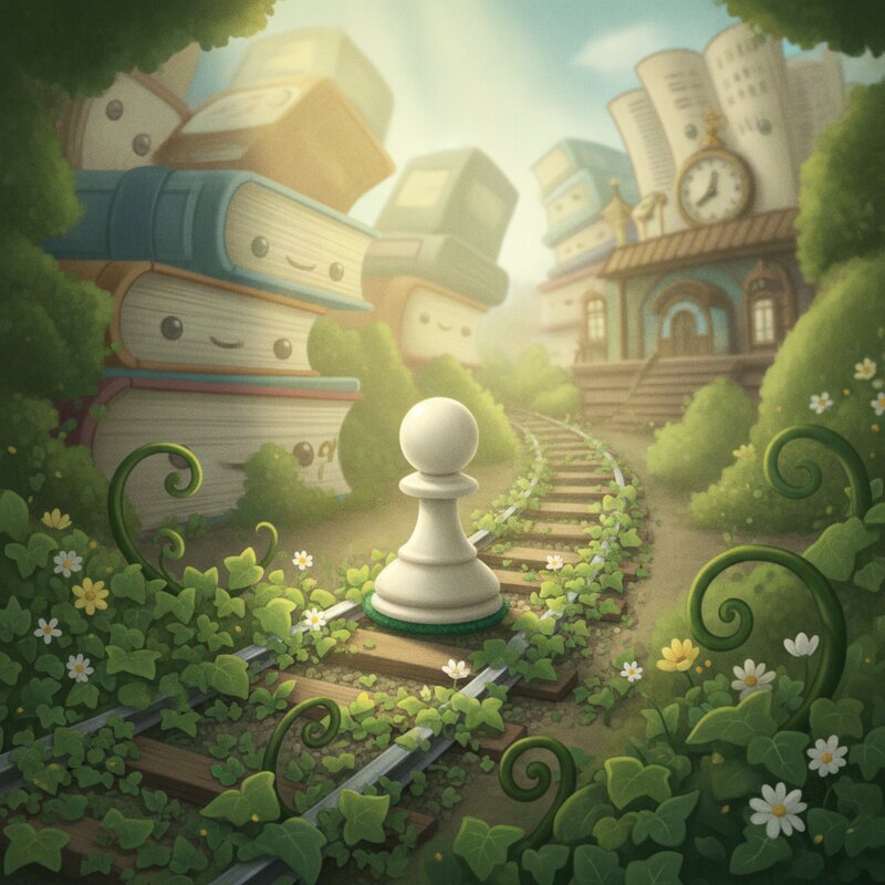 Panel 2 — a chess pawn on an ivy-covered railway. Pegs railway (45), ivy (8).