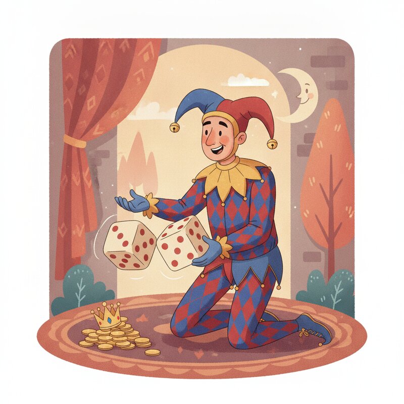 A jester rolling a pair of dice — the pegs dice (10) and narr (24) for 1024.