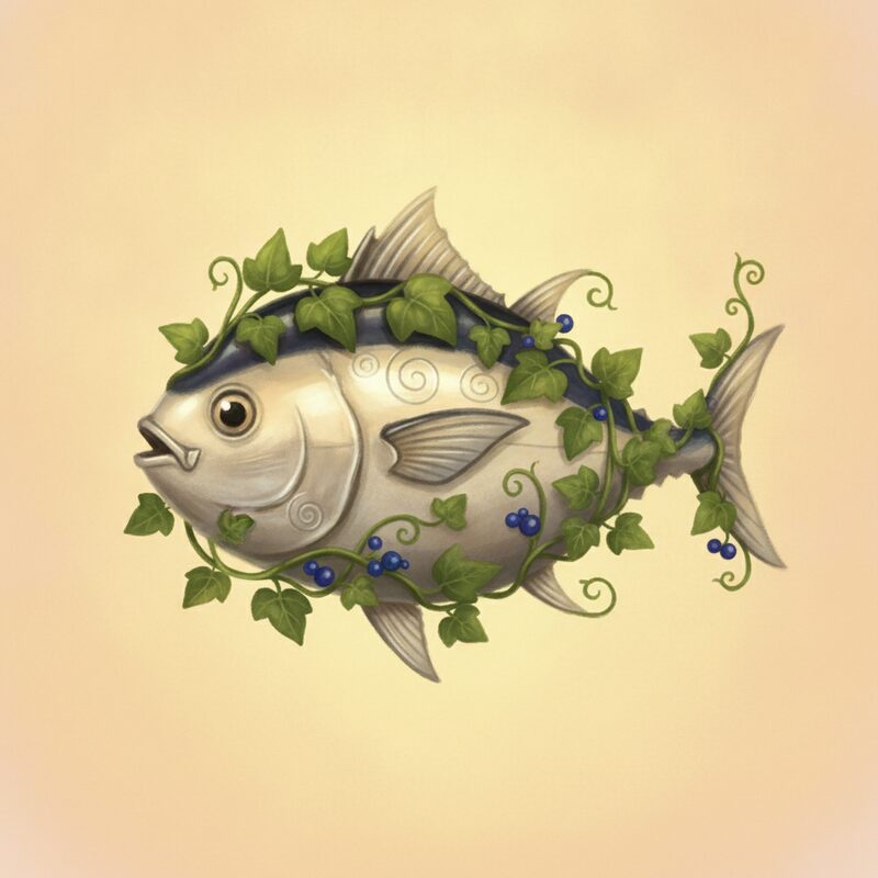 A tuna wrapped in ivy — the pegs tuna (12) and ivy (8) for 128.