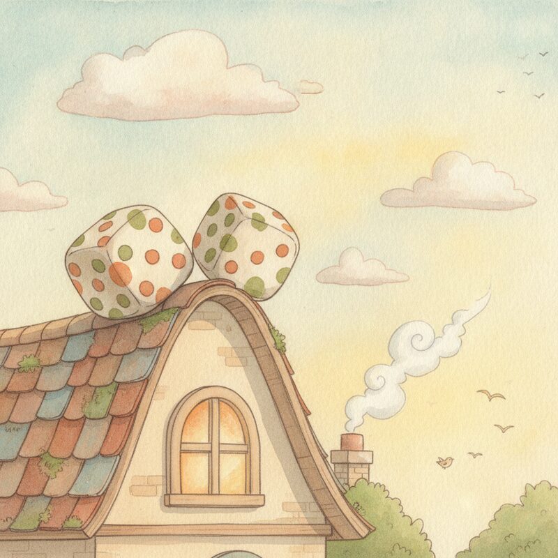 Panel 1 — a pair of dice on the edge of a roof. Pegs dice (10), roof (48).