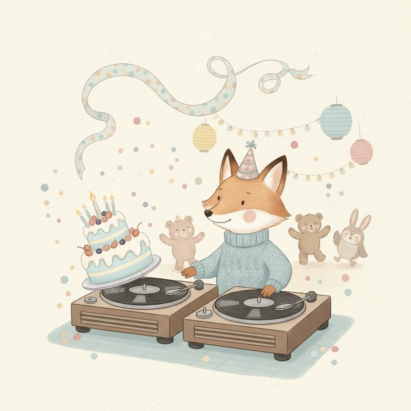 Panel 1 — a DJ with a cake on the turntables. Pegs DJ (16), cake (77).