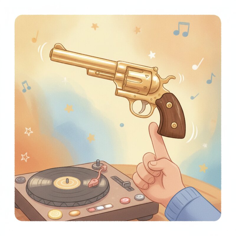 Panel 2 — a revolver twirling beside a DJ. Pegs gun (72), DJ (16).