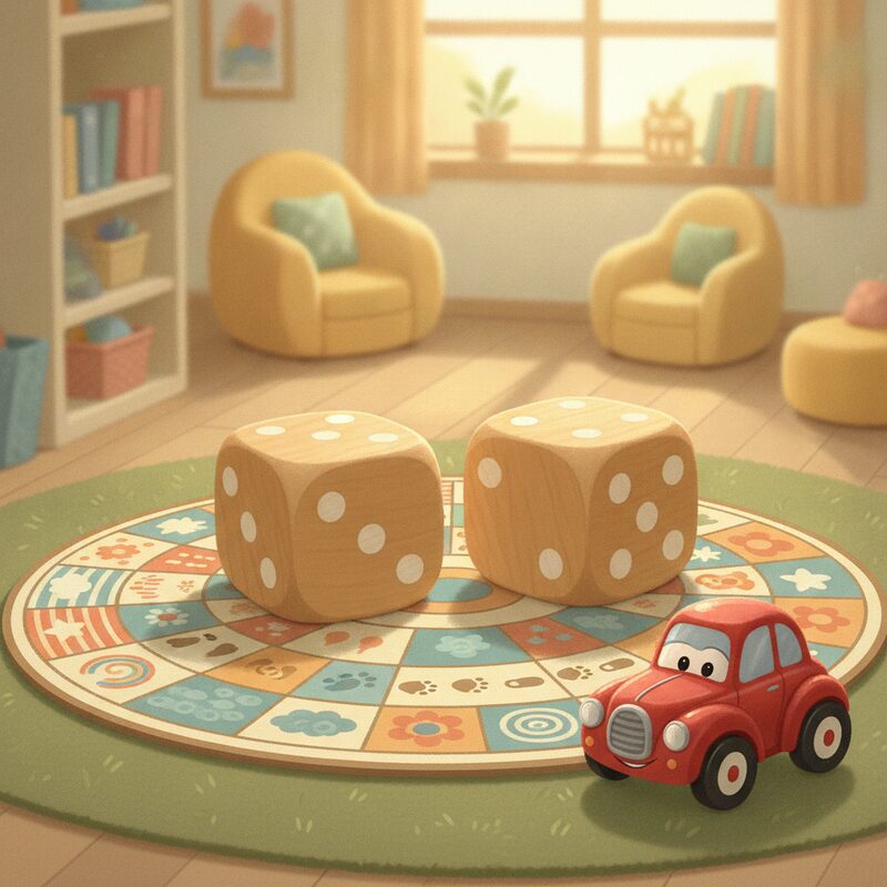 Panel 1 — a pair of dice beside a board game and a toy car. Pegs dice (10), game (73), car (74).