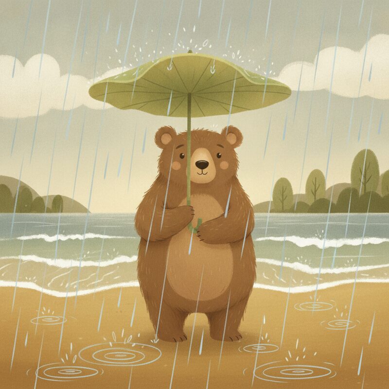 Panel 1 — rain on a bear at the beach. Pegs rain (42), bear (94), beach (96).