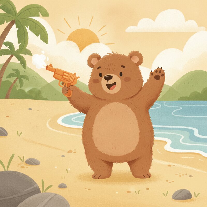 Panel 2 — the bear holding a gun on a beach. Pegs gun (72), beach (96).