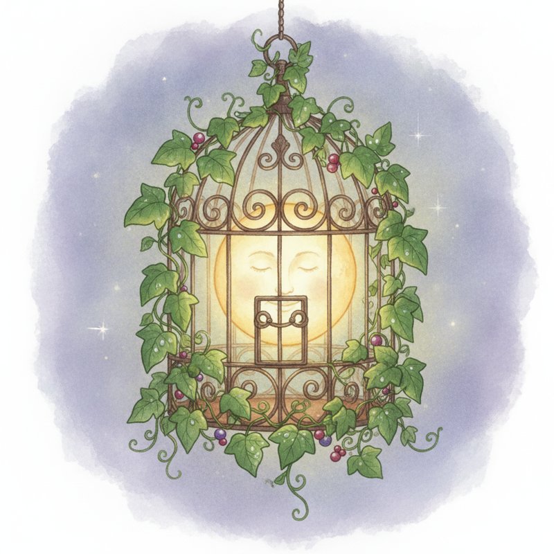The moon in a cage overgrown with ivy — the pegs moon (32), cage (76), ivy (8) for 32768.