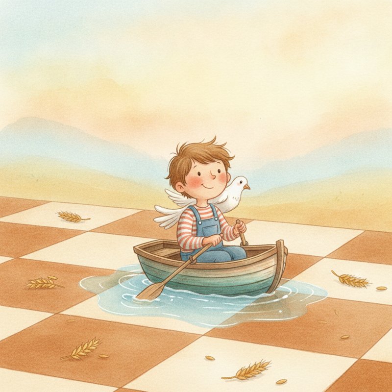 Panel 1 — a rower paddles a little boat across a chessboard sea with a white dove on his shoulder. Pegs dove (18), rower (44).