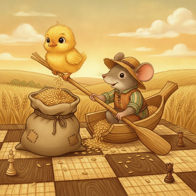 Panel 2 — a fluffy chick on a rower's oar beside a burlap sack spilling grain. Pegs chick (67), rower (44), sack (07).