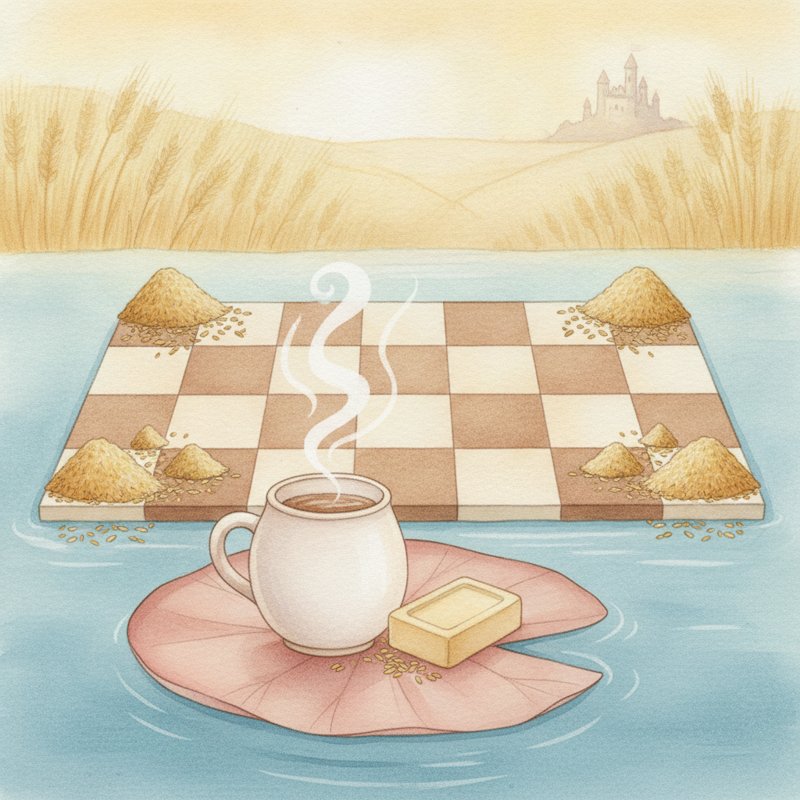Panel 3 — a steaming mug and a bar of soap rest on a water lily. Pegs mug (37), soap (09), lily (55).