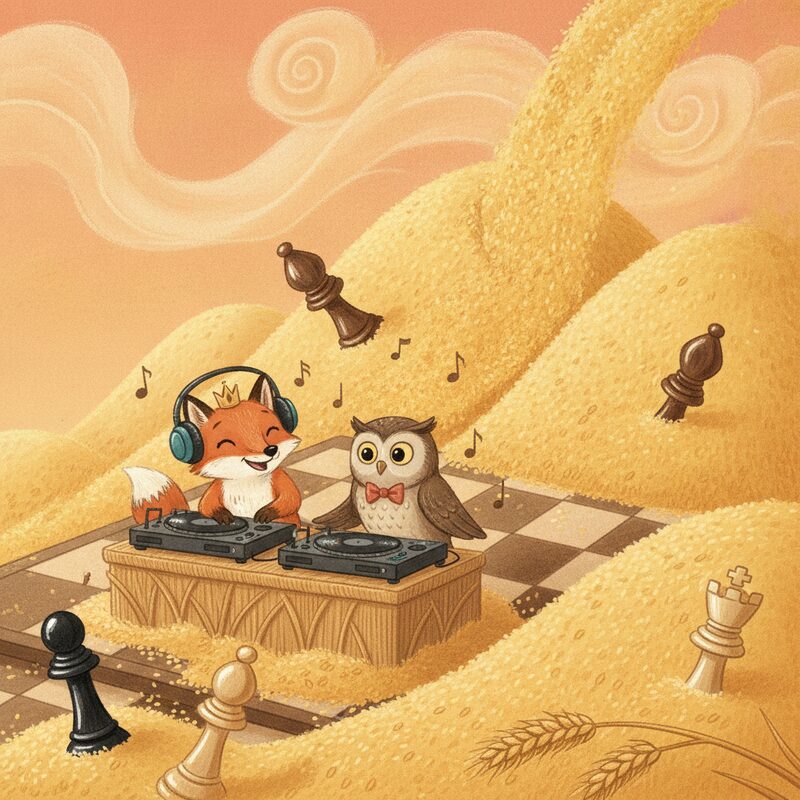 Panel 4 — two DJs overflow with impossible mountains of wheat grain, burying the chessboard. Pegs DJ (16), DJ (16).