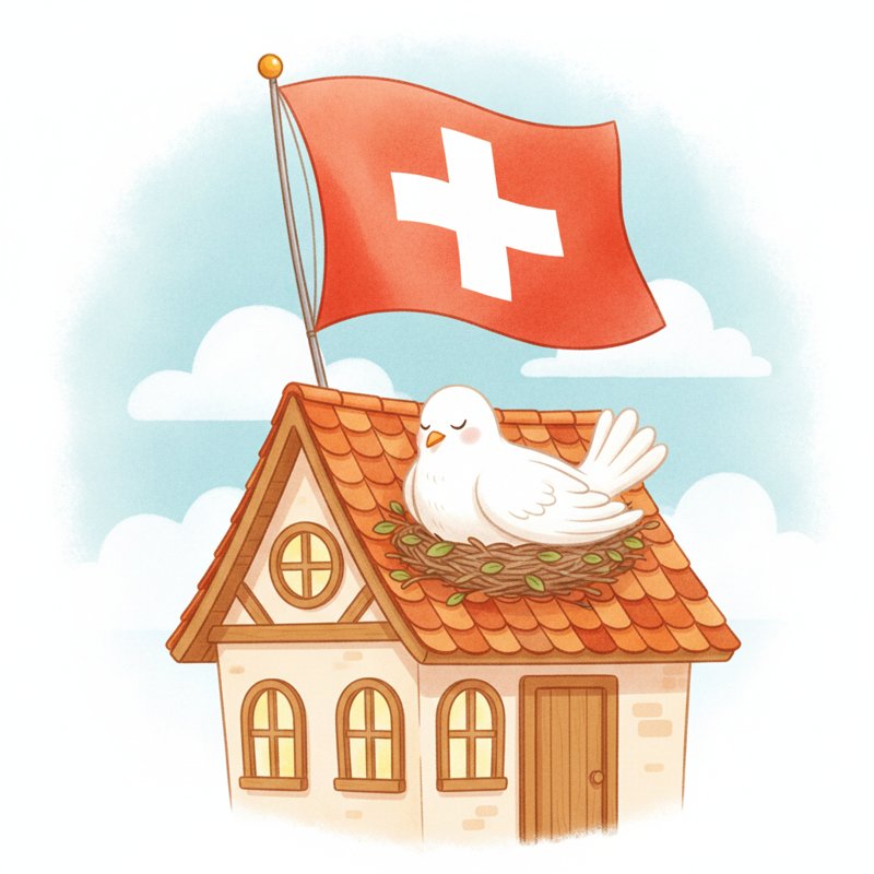 A large Swiss flag waving over a house roof where a white dove nests — the pegs dove (18) and roof (48) encode 1848.