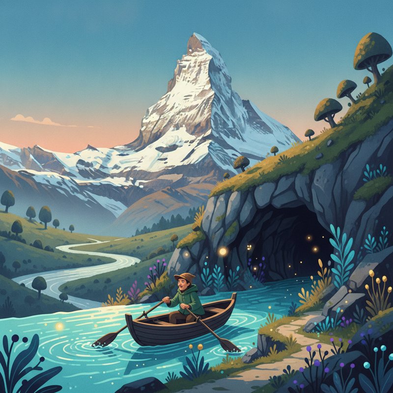 The pointed Matterhorn peak with a rower paddling out of a glowing cave — the pegs rower (44) and cave (78) encode 4478 metres.