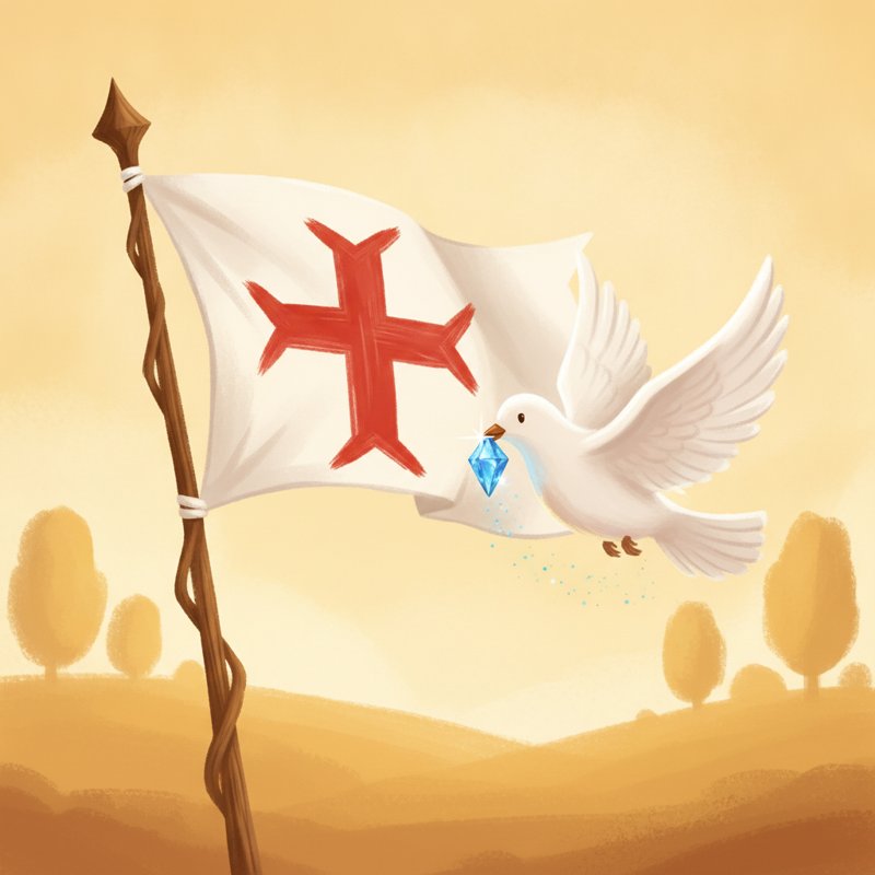 The Red Cross emblem beside a white dove carrying a blue gem — the pegs dove (18) and gem (63) encode 1863.
