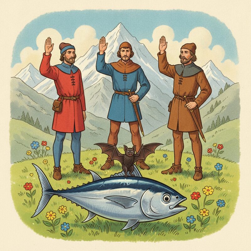Three men swearing an oath in the Alps, a bat perched on a tuna — the 1291 founding, pegs tuna (12) and bat (91).