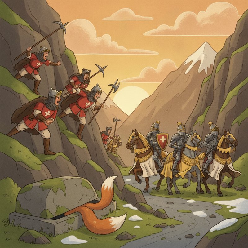 A mountain-pass ambush with halberds, a tomb with a tail — Morgarten 1315, pegs tomb (13) and tail (15).