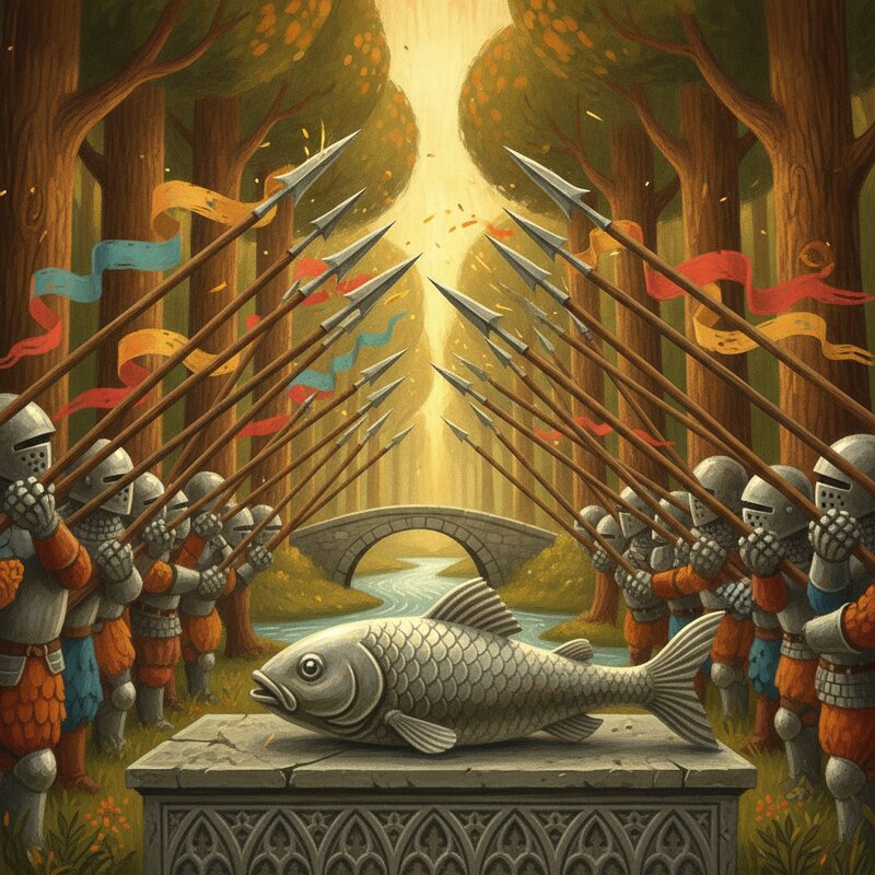A wall of pikes, a fish laid on a tomb — Sempach 1386, pegs tomb (13) and fish (86).
