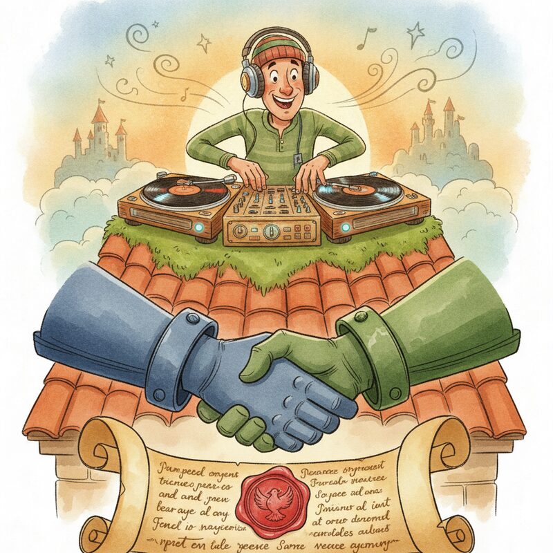 A treaty scroll and handshake, a DJ on a roof — Westphalia 1648, pegs DJ (16) and roof (48).
