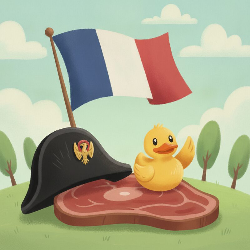 A Napoleon hat and tricolour, a rubber duck on beef — the Helvetic Republic 1798, pegs duck (17) and beef (98).