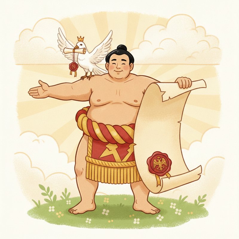 A decree scroll, a dove on a sumo — the Act of Mediation 1803, pegs dove (18) and sumo (03).