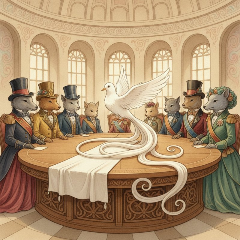 A diplomats' congress with a neutrality flag, a dove with a long tail — Vienna 1815, pegs dove (18) and tail (15).