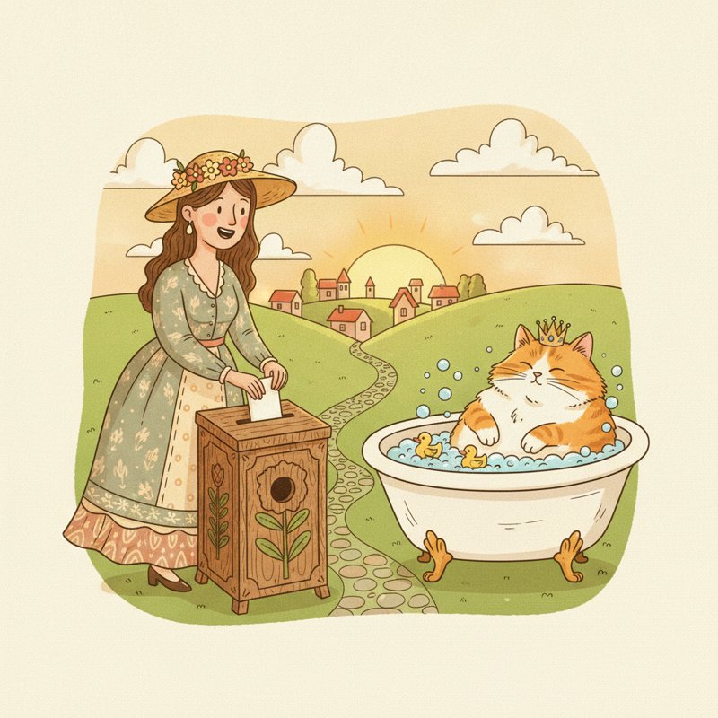 A woman casting a ballot, a cat in a tub — women's suffrage 1971, pegs tub (19) and cat (71).