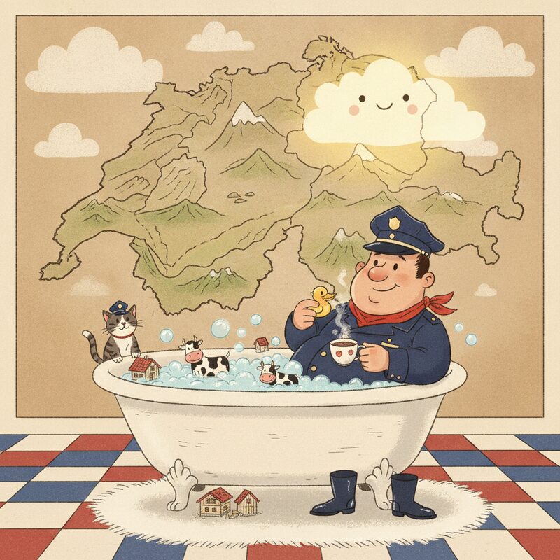 A Swiss map with a new canton, a cop in a tub — Jura 1979, pegs tub (19) and cop (79).