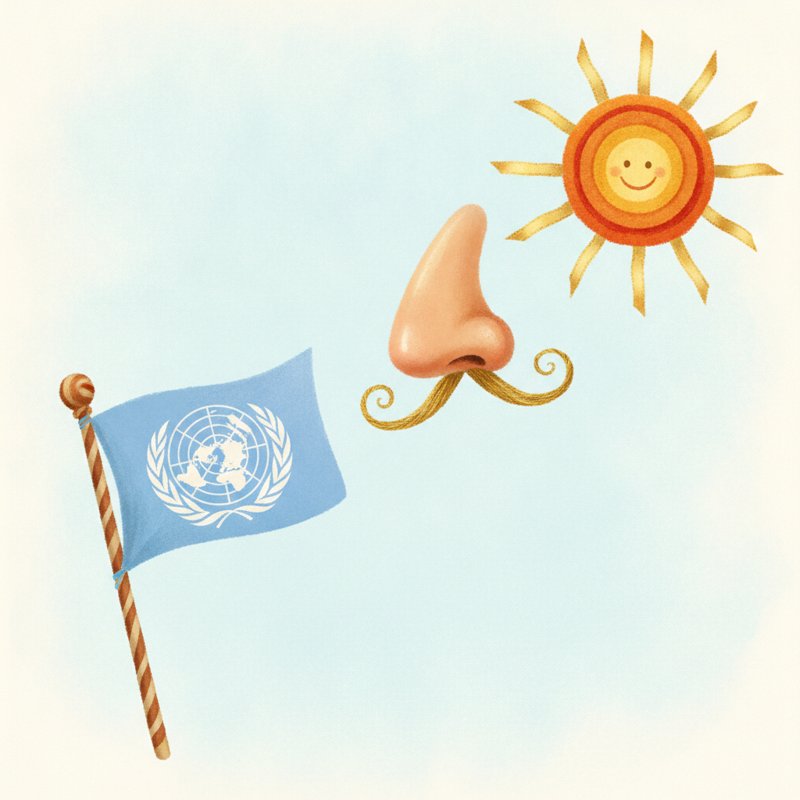 The UN emblem and a nose to the sun — joining the UN 2002, pegs nose (20) and sun (02).