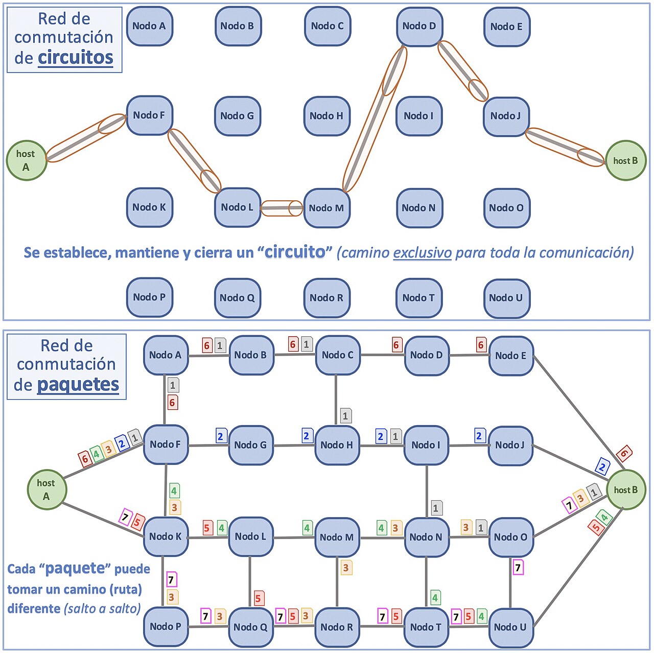 A reserved circuit-switched path versus independently routed packets.