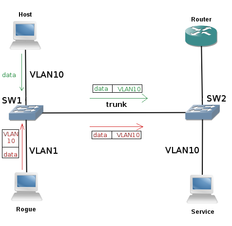 A rogue device adding a tag in the native VLAN to reach other VLANs across a trunk.