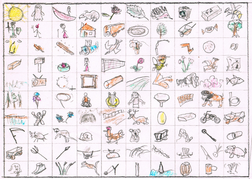 A completed 00-99 grid of fixed peg images