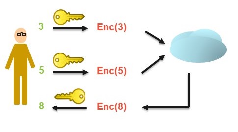 Client encrypts, server computes on ciphertext, client decrypts the result.